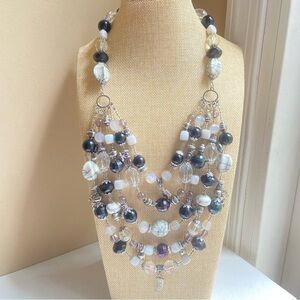 Black and white chunky multi layer acrylic beaded statement necklace with charms